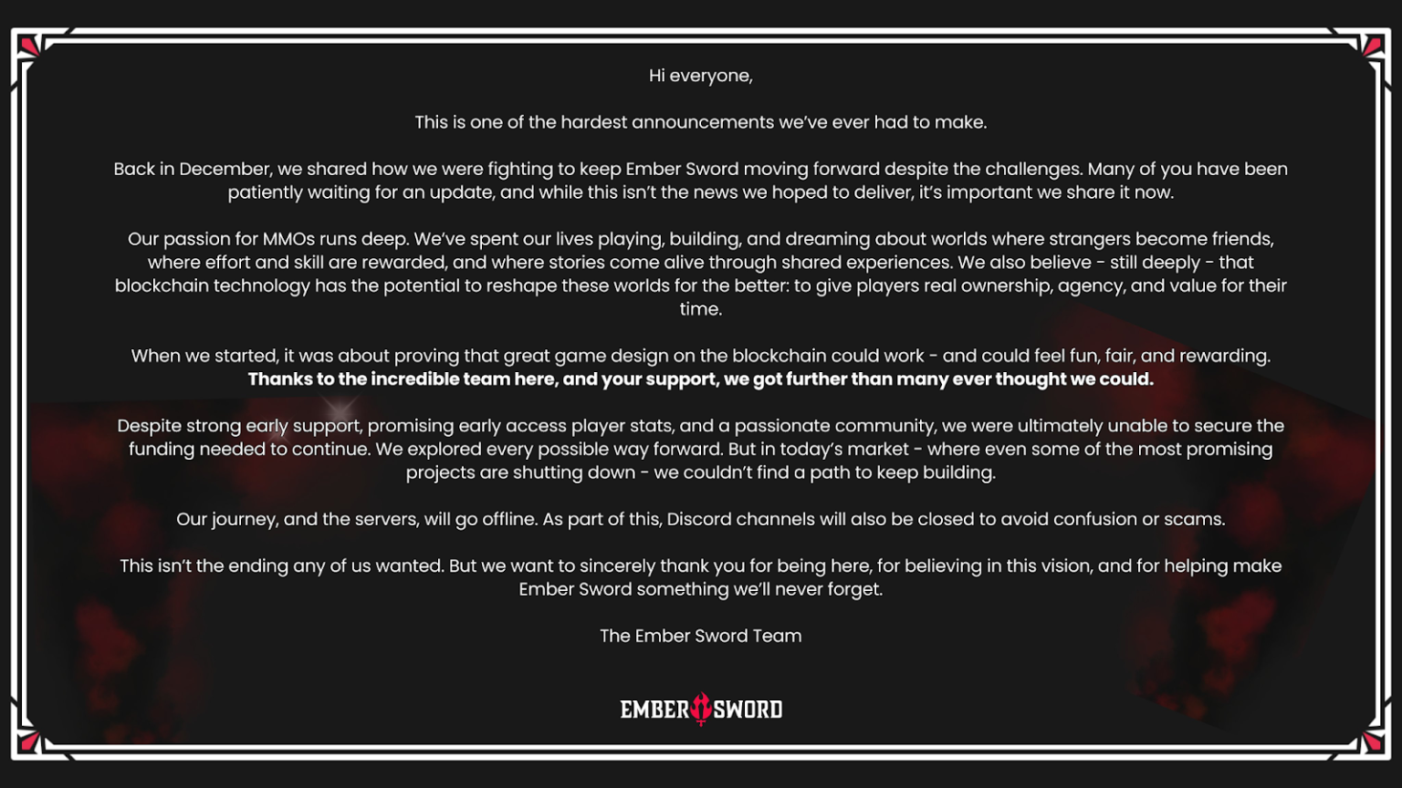 Crypto game Ember Sword shuts down after 7 years of development